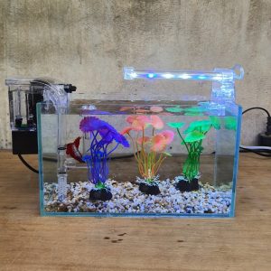 Bể cá mini 24 cm với 4 món (bể 24, sỏi nền, máy lọc, 3 cây nhựa mini, đèn led D10)